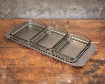 Bandeja para condimentos vintage de vidrio ahumado: plato para servir de acero inoxidable