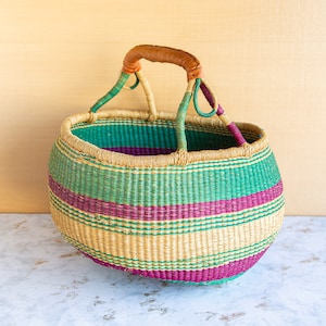 Vintage Sisal Woven Soft Sided Basket with Leather Handle, Grocery or Market Magazine Knitting Craft Storage image 1