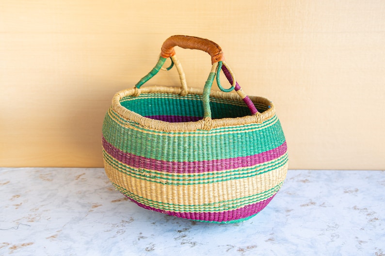 Vintage Sisal Woven Soft Sided Basket with Leather Handle, Grocery or Market Magazine Knitting Craft Storage image 1