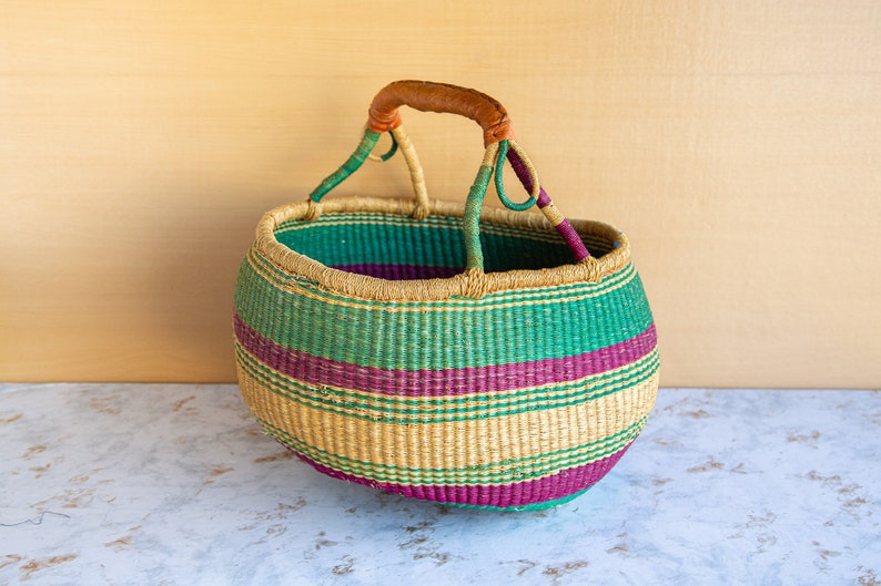 Vintage Sisal Woven Soft Sided Basket with Leather Handle, Grocery or Market Magazine Knitting Craft Storage image 7