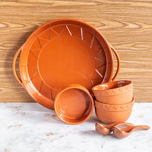 Vintage Terra Cotta Chip and Dip Set: 6-Piece Mexican Food Server
