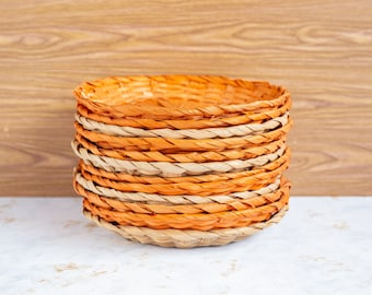 Vintage Woven Paper Plate Holders: Orange & Beige Wicker Chargers, Set of 12
