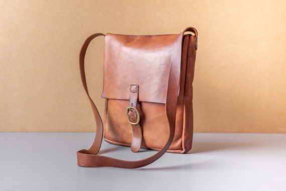 Vintage Leather Satchel, Handsewn Cross Body Bag,… - image 1