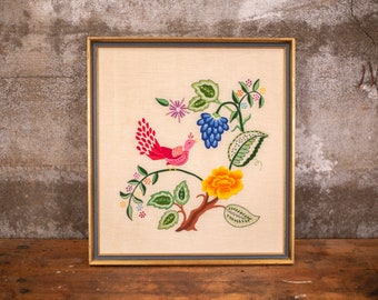 Vintage Bird Embroidery Wall Art: Mid-Century Framed Decor