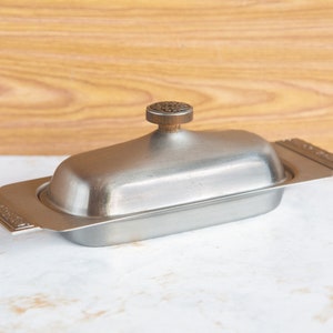 Vintage International Decorator Stainless Steel Butter Dish with Lid, Midcentury 18/8, Scroll Floral Design
