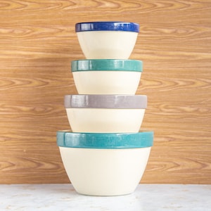 Vintage Over and Back Portugal Mixing Bowl Set: Pastel Ceramic Nesting Bowls