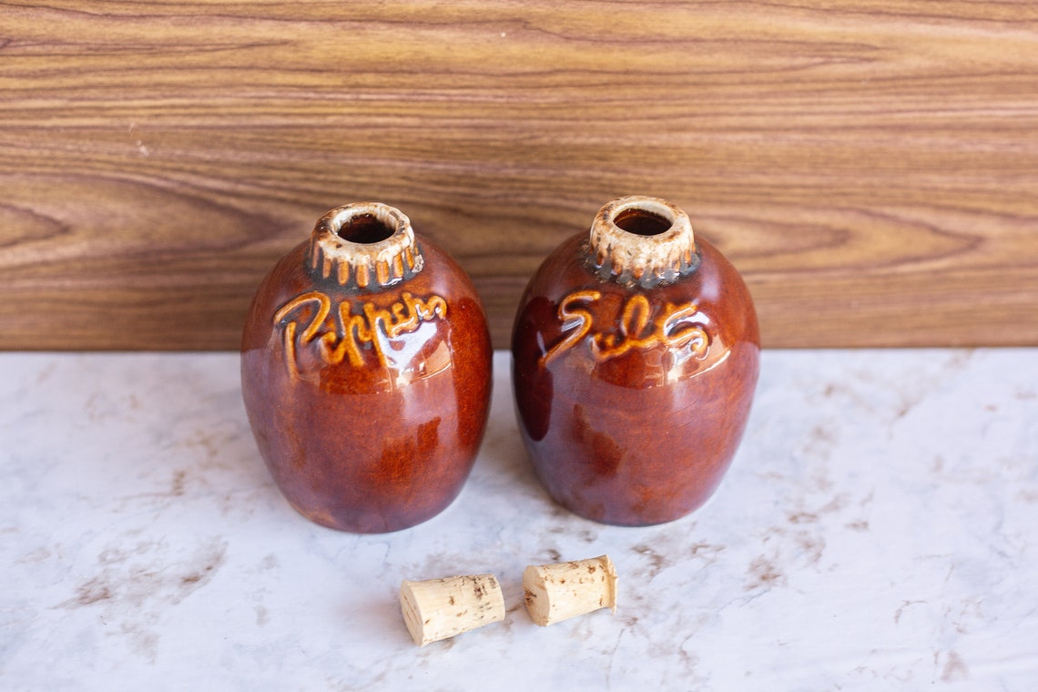 Vintage Hull Brown Drip Pottery Salt and Pepper Shaker Set Etsy UK
