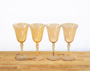 Vintage Crystal Water or Wine Glasses in Topaz Gold, Flared Rim Stemware Set of 4