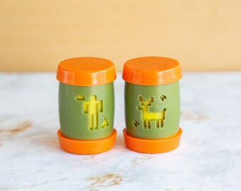 Mid Century Plastic Salt and Pepper Shaker Set, Native American, Yellow Orange Green