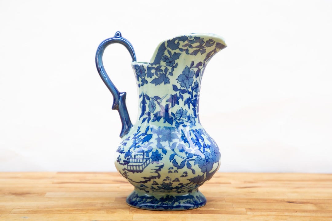 Vintage 1980s Fake Victorian Pitcher, Faux Ironstone Blue Chinoiserie ...