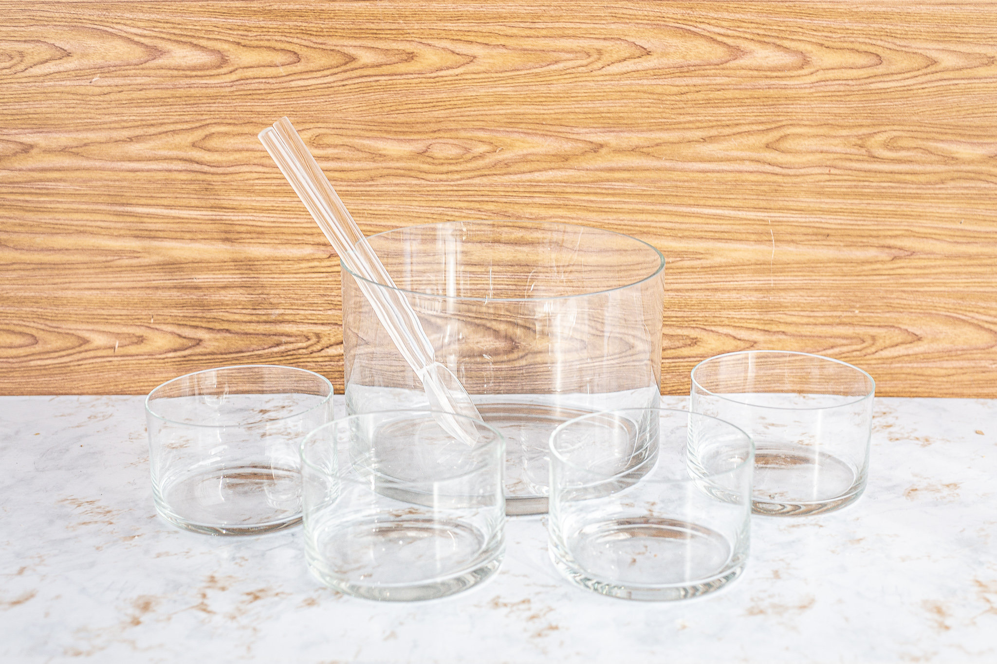Vintage Clear Glass Salad Bowl Set with Lucite Tongs