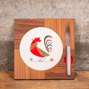 Vintage Cheese Serving Board with Knife | Midcentury Rooster Charcuterie Board  | Appetizer Snack Tray