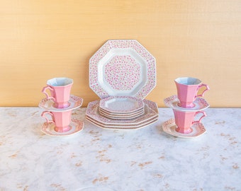 Vintage Mary Jane Pink Ironstone Octagonal Japan Dishes, 20 Piece Set for 4, Floral China, Luncheon, Tea