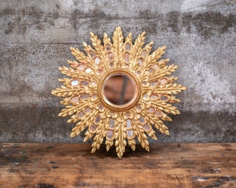 Antique Gilded Sunburst Mirror: 17&quot; Carved Wood Wall Decor