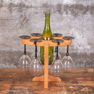 Folding Wood Wine Bottle & Glass Rack: 6-Glass Display