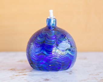 Vintage Blown Glass Cobalt Blue Oil Lamp, Glass Lantern, Tabletop Open Flame