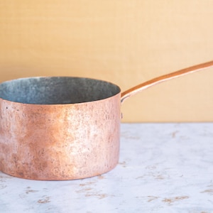 Antique Russian Solid Copper Saucepan with Tin Interior, 3 Quart Handmade Large Metal Pot with Long Handle