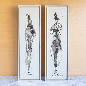 Vintage Abstrakte Figur Originalgemälde, Midcentury Boho Style Wall Decor, Schwarz Weiß