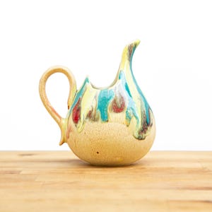 Vintage MCM Drip Glazed Pottery Pitcher with Handle and Spout, Multicolored Ceramic Creamer