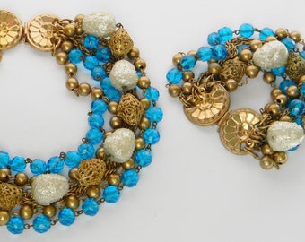 Vintage Rare 1940s Adele Simpson Faux Baroque Pearls Brass Blue Zircon Crystal Beaded Necklace Bracelet Demi Parure
