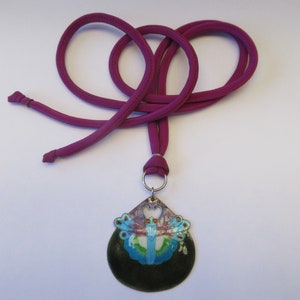 Vintage 1970s Laurel Burch Cloisonné Enamel &quot;Full Moon Butterfly&quot; Japanese Family Crest Pendant Silk Cord Sterling Necklace