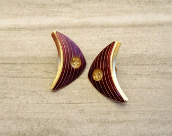 Vintage 1970s Laurel, Inc. Cloisonné Enamel Shield Japanese Kamon Family Crest Sterling Silver 24k Gold Wash Pierced Earrings