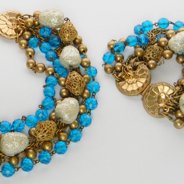 Vintage Rare 1940s Adele Simpson Faux Baroque Pearls Brass Blue Zircon Crystal Beaded Necklace Bracelet Demi Parure
