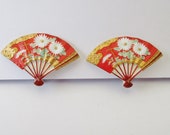Vintage Toshikane Arita Porcelain Japan Chrysanthemum Autumn Scene Fan Earrings