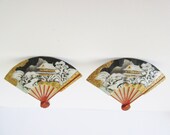 Vintage Toshikane Arita Porcelain Japan Winter Scene Fan Earrings