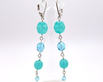 Vintage Green Turquoise Glass Aquamarine Crystal Bead Link Wire Wrapped Articulated Sterling Silver Pierced Earrings