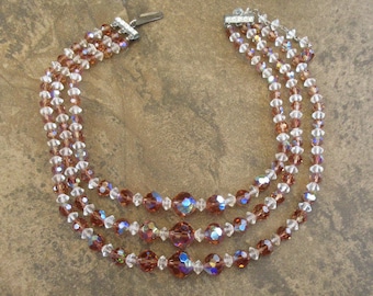 Vintage Japanese 1950s Three Strand Light Smoked Topaz Aurora Borealis Crystal Bead Rhinestone Necklace