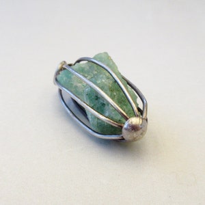 Vintage 1970s Raw Rough Green Crystal Bird Cage Wrapped Sterling Silver Pendant image 5