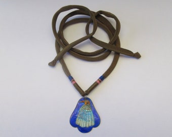 Vintage Laurel Burch 1970s Cloisonné Enamel Bird Sterling Silver Pendant Silk Cord Necklace