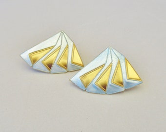 Vintage Laurel, Inc. 1970s Cloisonné Enamel Shield Japanese Kamon Family Crest Sterling Silver Vermeil Pierced Earrings