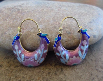 Vintage Shashi 1970s Cloisonné Enamel Double Sided Puffy Flora Fauna Sterling Silver 24k Gold Wash Pierced Earrings