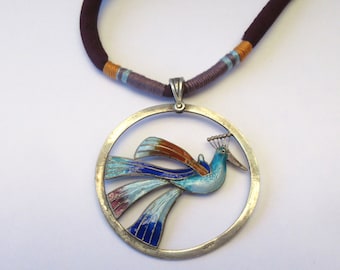 Vintage 1970s Laurel Burch Cloisonné Enamel Double-Sided Puffy Peacock Sterling Silver Pendant Silk Cord Necklace