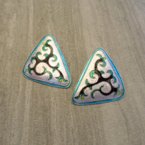 Vintage 1970s 1980s Cloisonné Enamel Art Nouveau Floral Sterling Silver Pierced Earrings