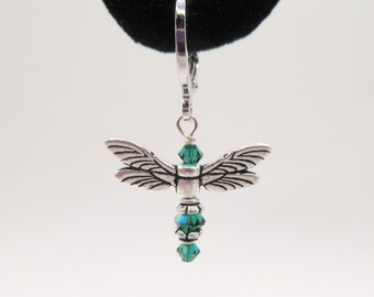 TierraCast Antique Silver Pewter Dragonfly Wings Swarovski Emerald Beads 22k White Gold Filled Huggie Hoop Round Leverback Pierced Earrings