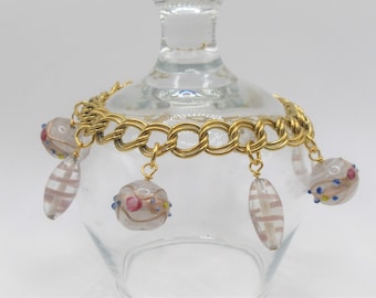 Vintage Venetian Murano Wedding Cake Lamp Work Glass Bead Charm Link Bracelet