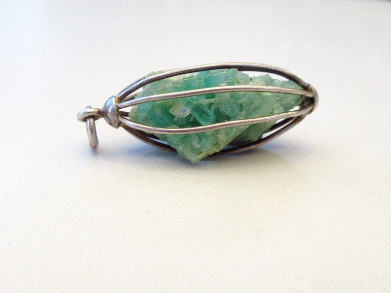 Vintage 1970s Raw Rough Green Crystal Bird Cage Wrapped Sterling Silver Pendant image 9