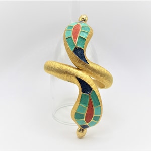Vintage 1960s Rare Hattie Carnegie Egyptian Revival Enamel Double Cobra Snake Arm Cuff Bracelet