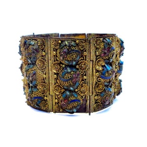 Antique Chinese Export Cloisonne Enamel Flora Fauna Butterflies Flowers Filigree Panel Link Bracelet