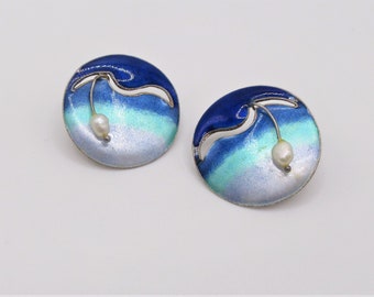 Vintage 1980s Abstract Cloisonné Enamel Freshwater Pearl Sterling Silver Pierced Earrings