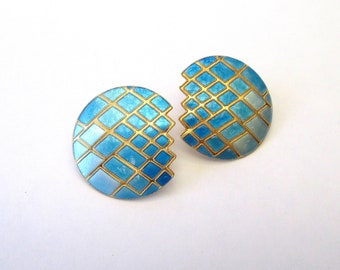 Vintage Laurel, Inc. 1970s Cloisonné Blue Ombré Japanese Family Crest Sterling Silver Gold Wash Pierced Earrings