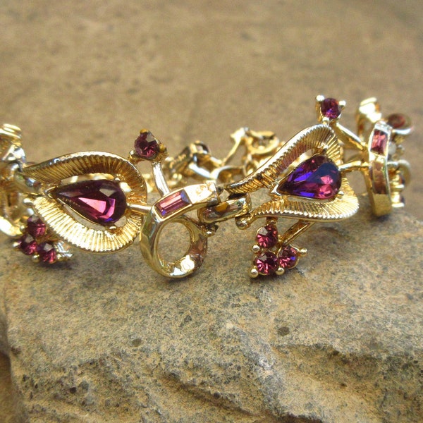 Vintage 1955 Coro "Valencia" Purple Amethyst Rhinestone Link Bracelet Des Pat Pend