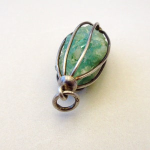 Vintage 1970s Raw Rough Green Crystal Bird Cage Wrapped Sterling Silver Pendant image 10