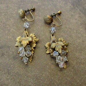 Antique Art Nouveau Gilt Brass Grape Cluster Wire Wrapped Crystal Beads Screw Back Earrings