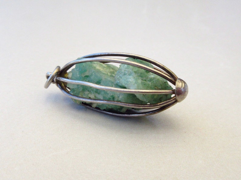 Vintage 1970s Raw Rough Green Crystal Bird Cage Wrapped Sterling Silver Pendant image 6