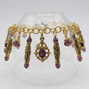 Amethyst Rhinestone Victorian Style Drops Swarovski Beads TierraCast Wild Rose Barrel Beads Wire Wrapped Link Charm Bracelet