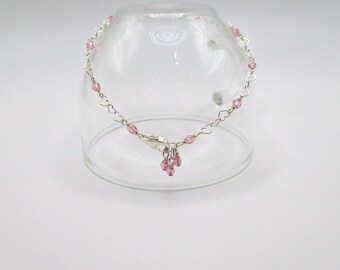 Swarovski Light Rose Bead Heart Chain Wire Wrapped Link Sterling Silver Bracelet